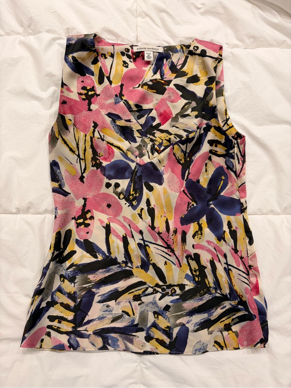 Banana Republic Pink Floral Print V-Neck Camisole with Navy & Yellow Accents